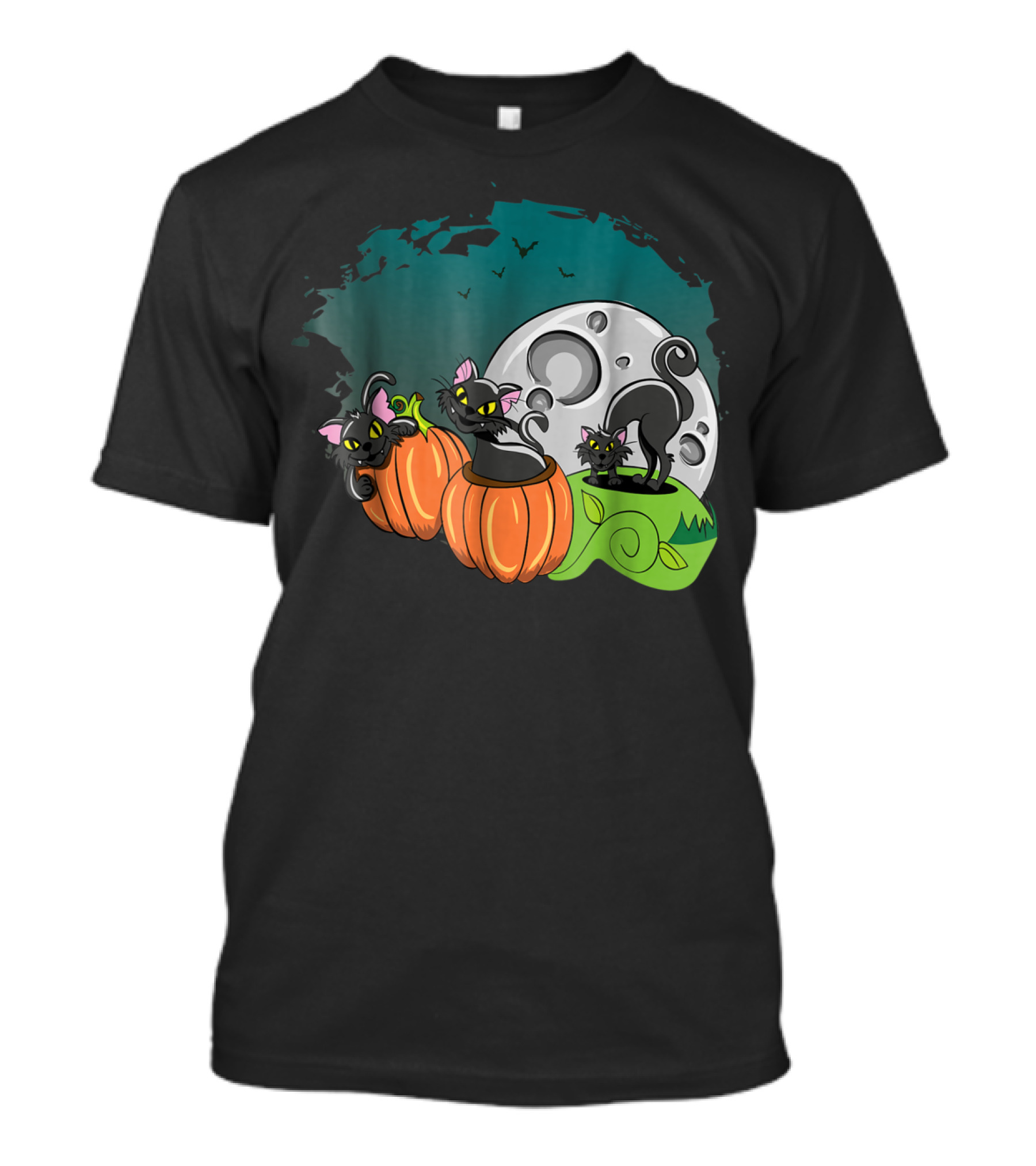 Black Cats And Pumpkins With Full Moon And Bats T-Shirt