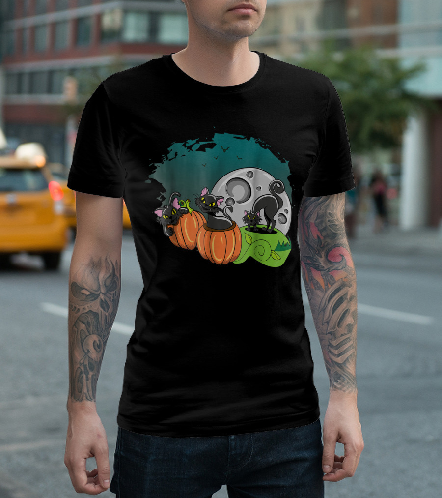 Black Cats And Pumpkins With Full Moon And Bats T-Shirt