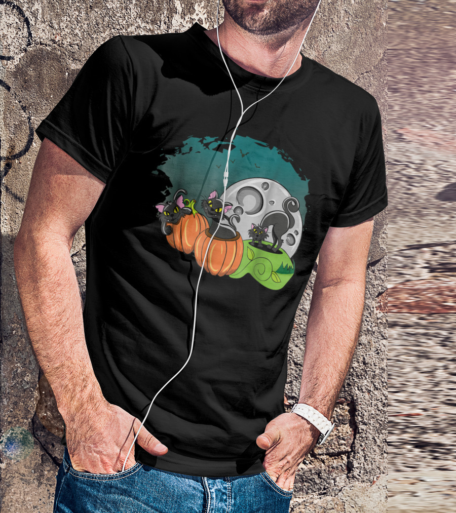 Black Cats And Pumpkins With Full Moon And Bats T-Shirt