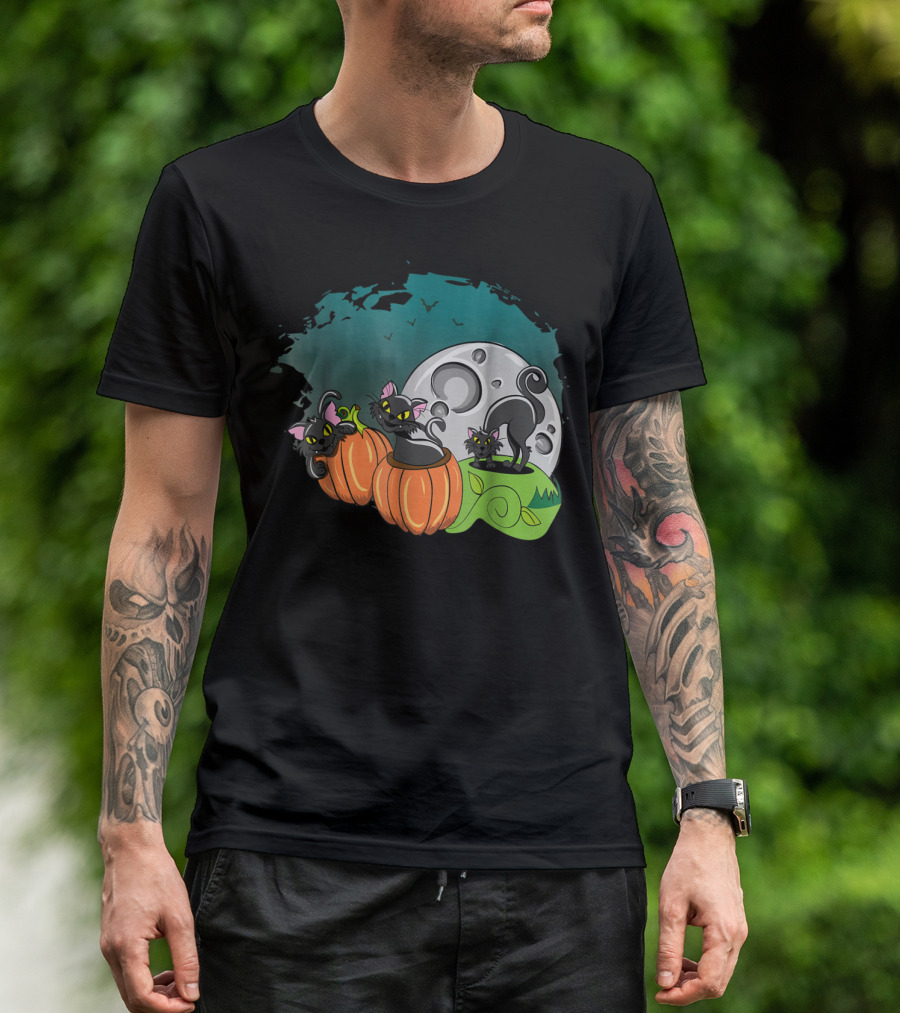 Black Cats And Pumpkins With Full Moon And Bats T-Shirt