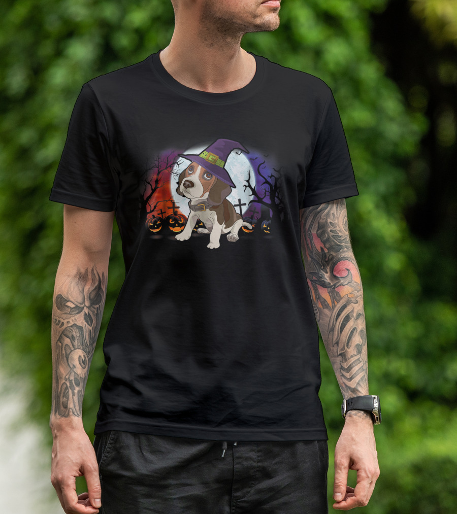Beagle Puppy In Witch Hat With Pumpkins And Halloween Night Scene T-Shirt