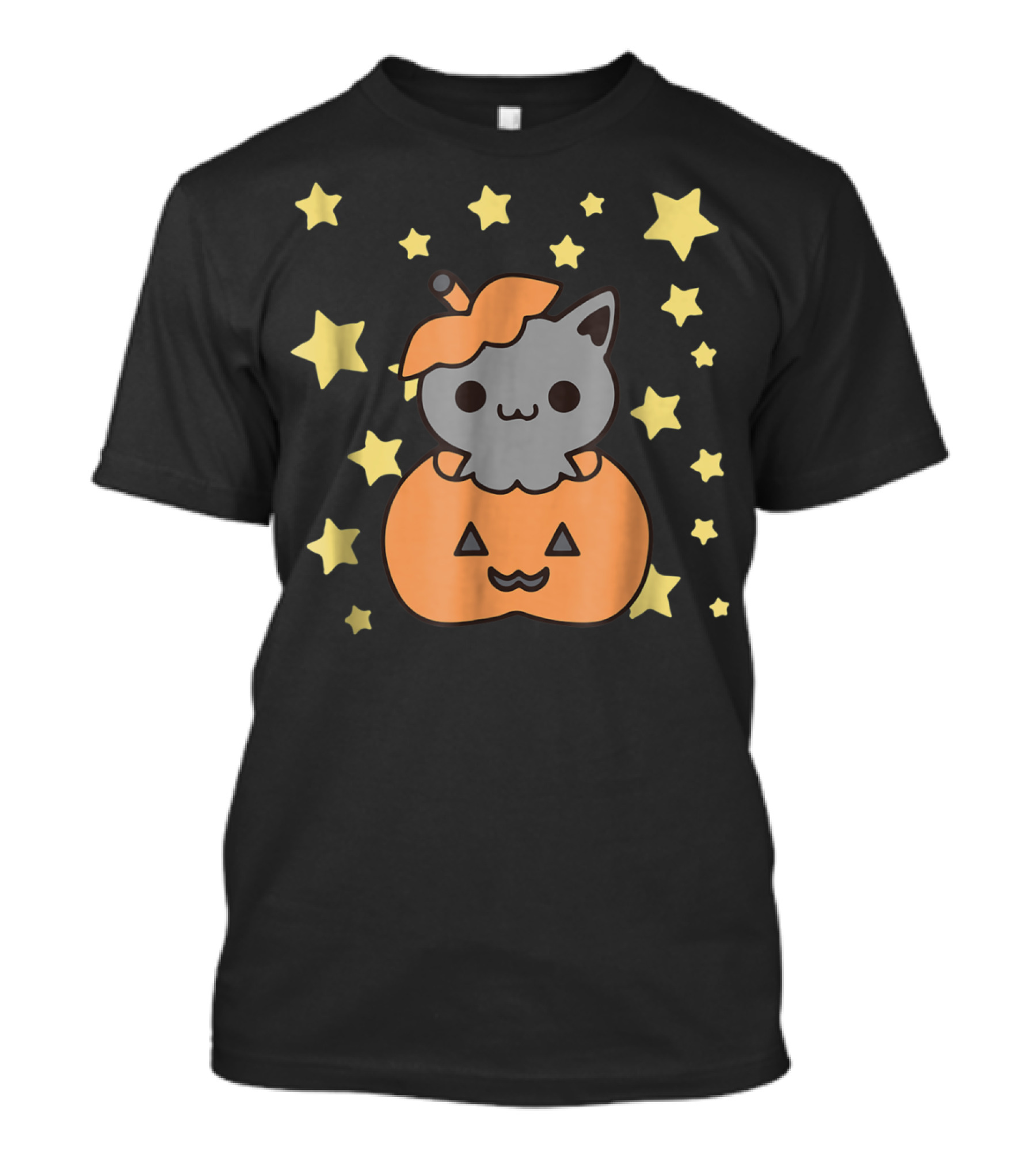 Kawaii Cat In Jack O'Lantern With Stars Cute Halloween T-Shirt