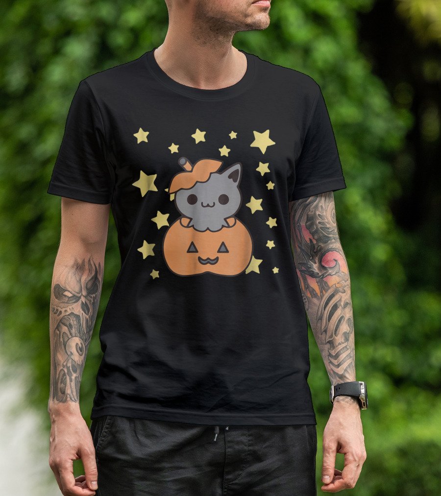 Kawaii Cat In Jack O'Lantern With Stars Cute Halloween T-Shirt