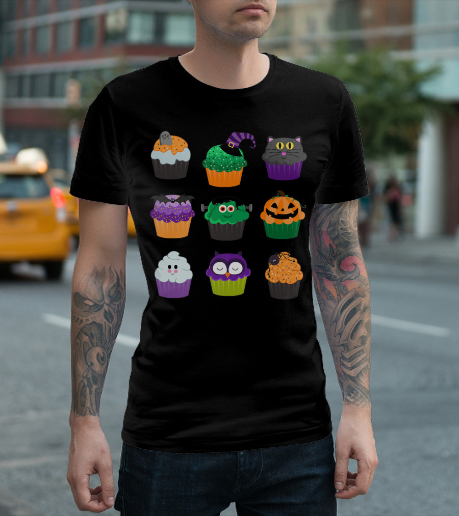 Cute Halloween Yummy Halloween Cupcakes Witch Cat Owl Pumpkin Monster Bat Ghost Spider RIP T-Shirt