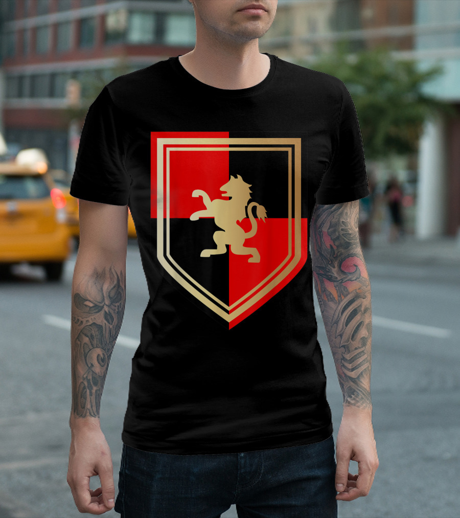 Golden Medieval Knight Armor Crest Halloween Unique Red and Black Shield T-Shirt