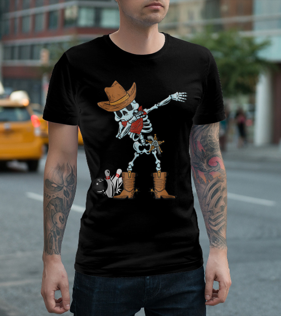 Cowboy Skeleton Dabbing with Bowling Ball and Pins T-Shirt