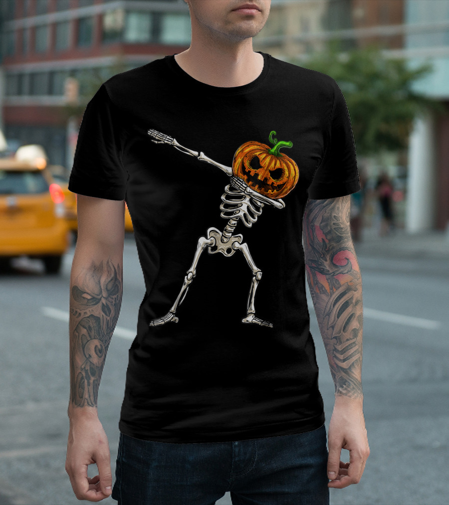 Dabbing Skeleton with Pumpkin Head Halloween Costume T-Shirt
