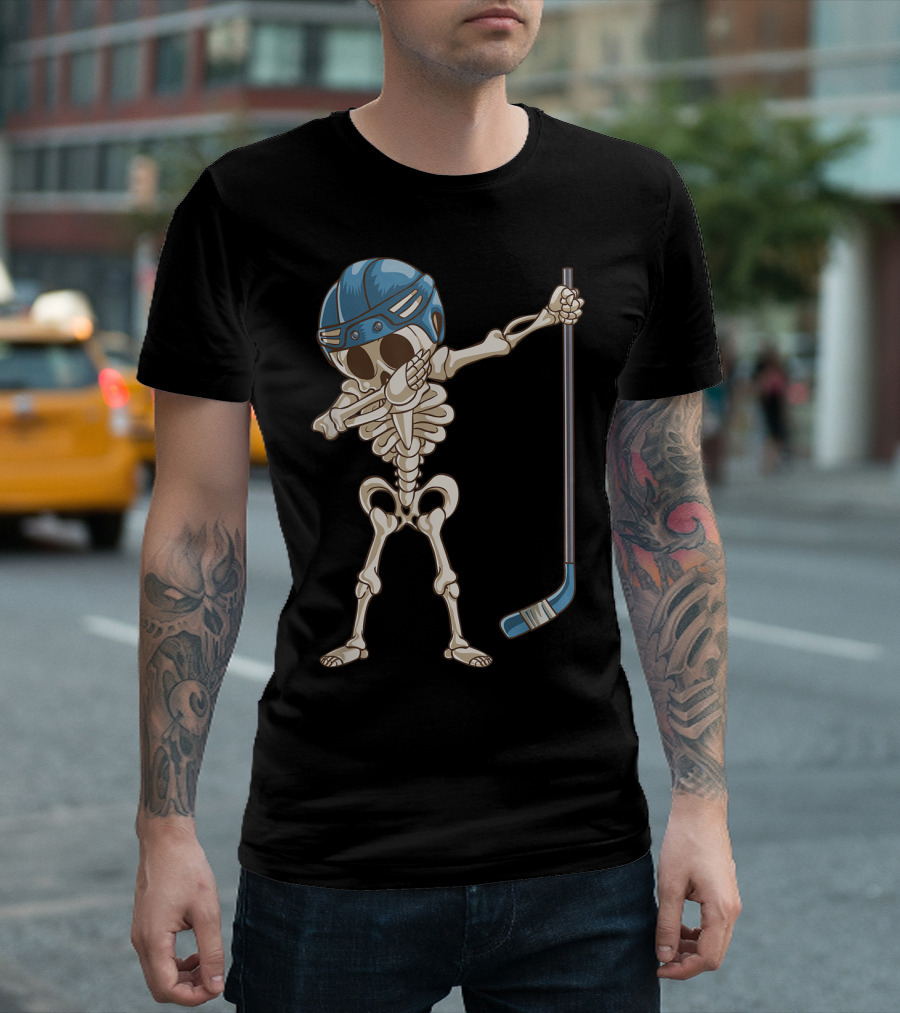 Dabbing Skeleton Hockey Player in Blue Helmet with Stick T-Shirt