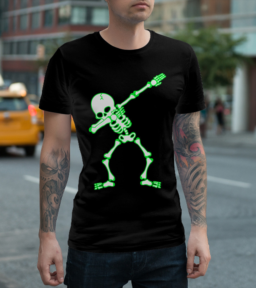 Glowing Green Dabbing Skeleton Halloween T-Shirt