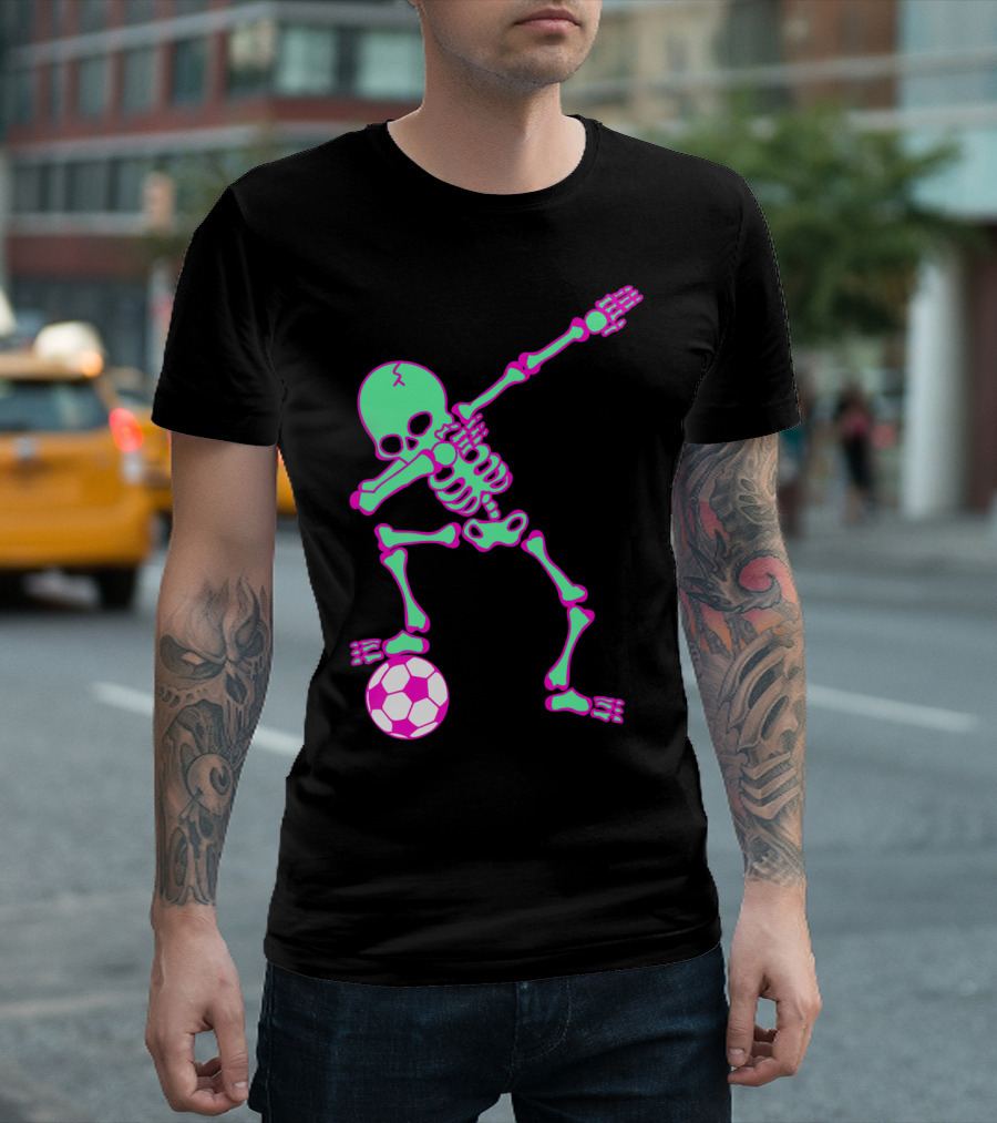 Dabbing Skeleton Soccer Halloween Costume Dab Neon Skeleton Soccer Ball T-Shirt