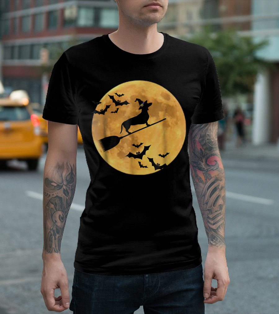 Dachshund Witch Dog Flying on Broomstick in Front of Full Halloween Moon with Bats T-Shirt