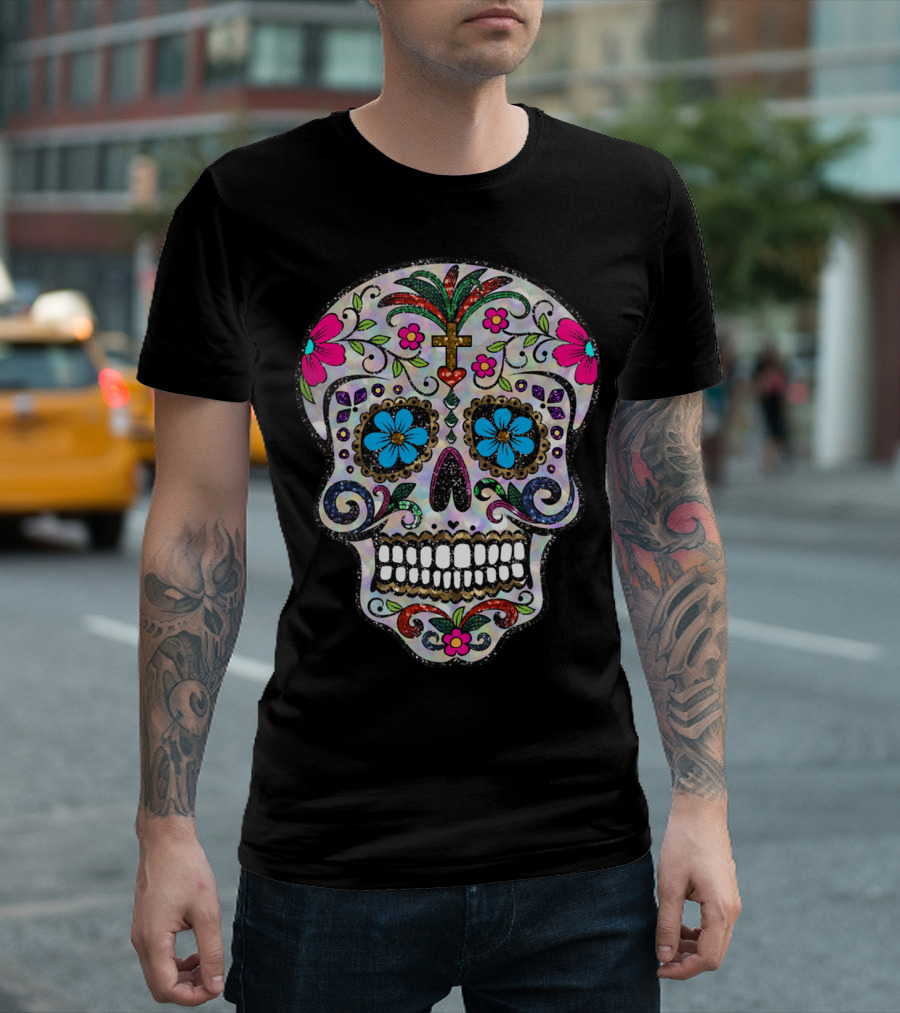 Day Dead Sugar Skull Floral Cross Halloween T-Shirt