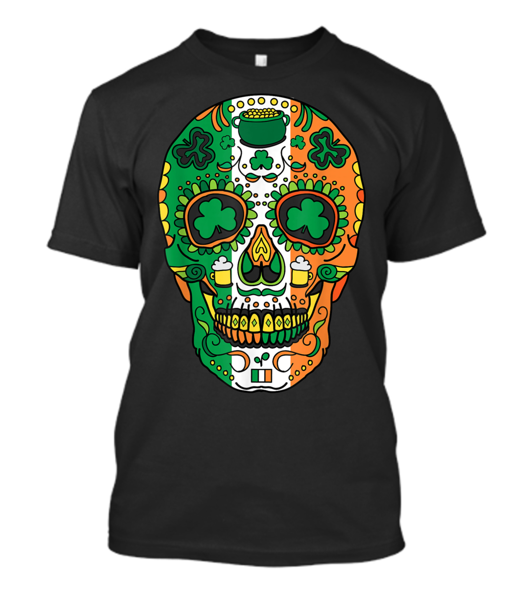 Day Of The Dead Irish Sugar Skull St Patricks Shamrock Tricolor Beer T-Shirt