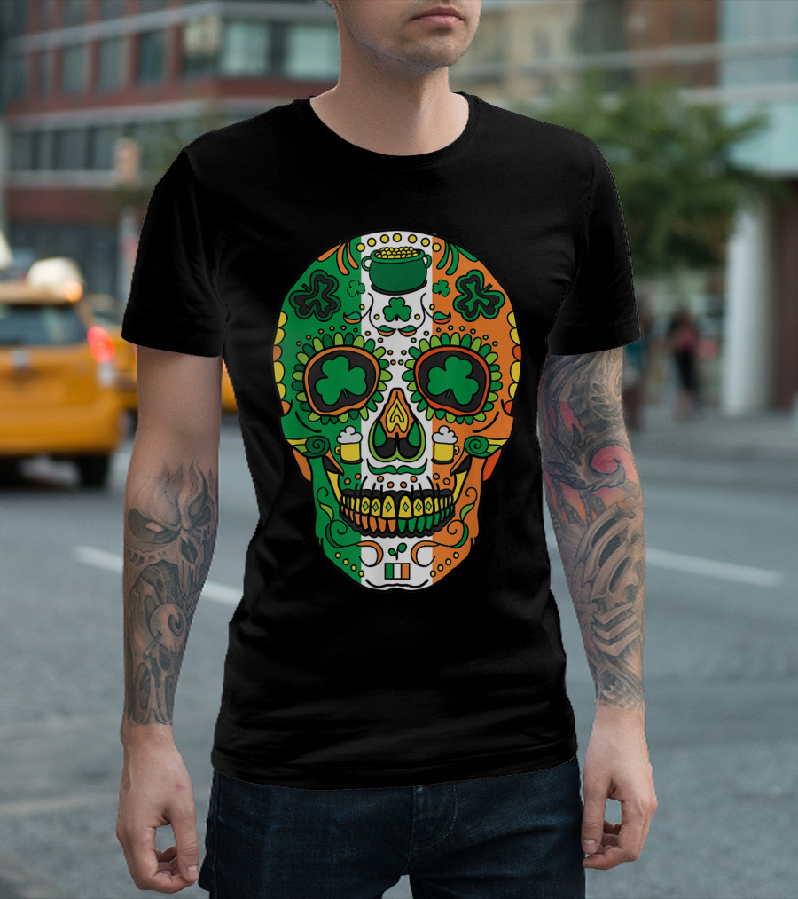 Day Of The Dead Irish Sugar Skull St Patricks Shamrock Tricolor Beer T-Shirt