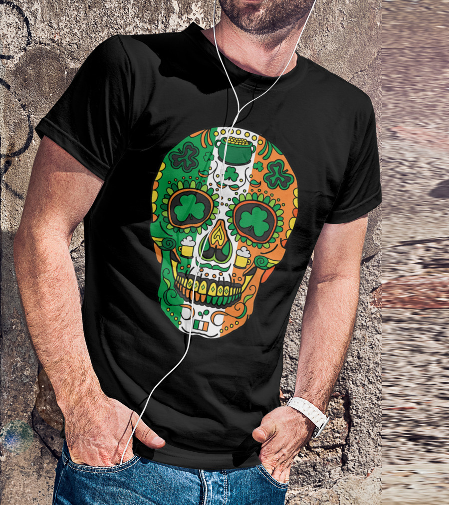 Day Of The Dead Irish Sugar Skull St Patricks Shamrock Tricolor Beer T-Shirt