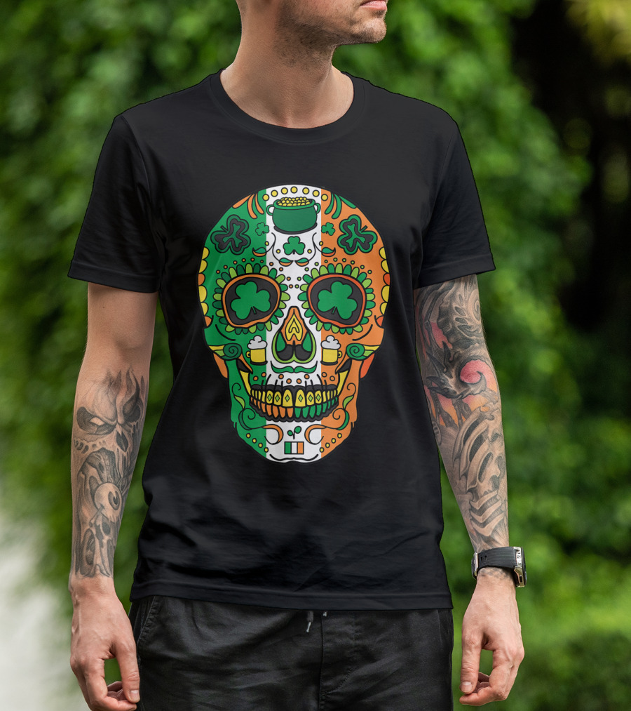 Day Of The Dead Irish Sugar Skull St Patricks Shamrock Tricolor Beer T-Shirt