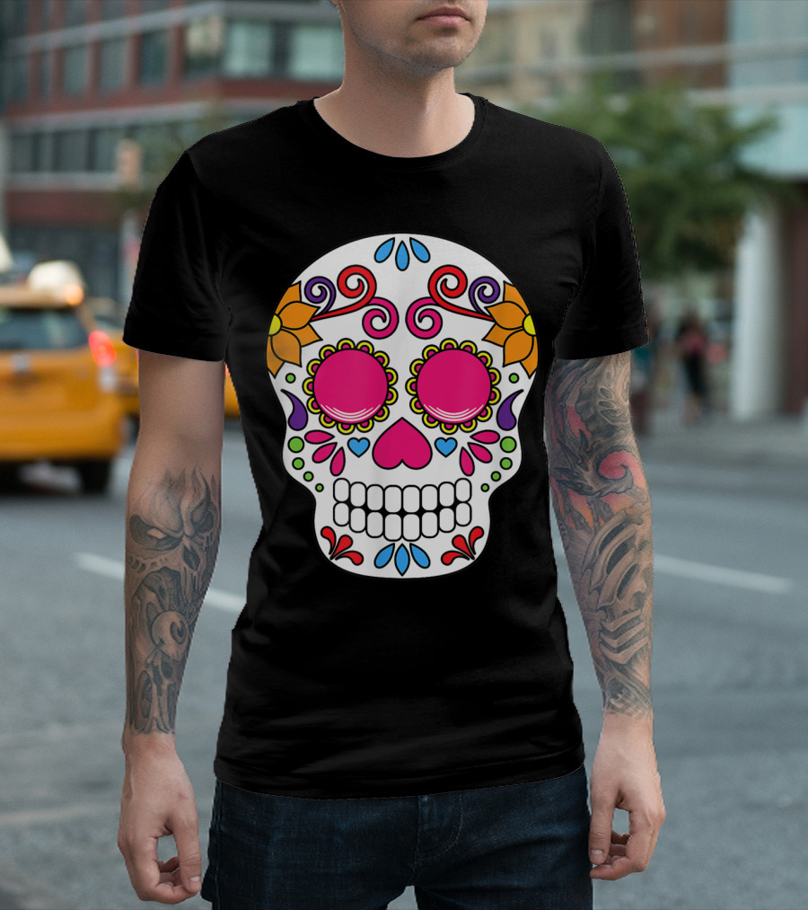 Day Of The Dead Sugar Skull Pink Eyes Floral Swirls Decorations T-Shirt