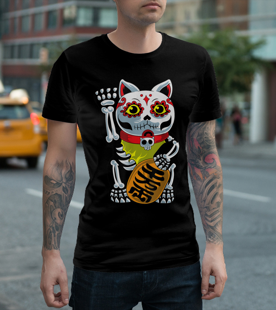 Dia De Los Muertos Halloween Sugar Skull Maneki Neko Cat T-Shirt