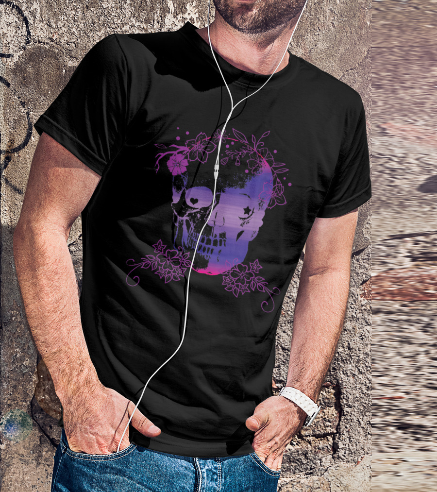 Dia De Los Muertos Skull With Purple And Pink Floral Accents T-Shirt