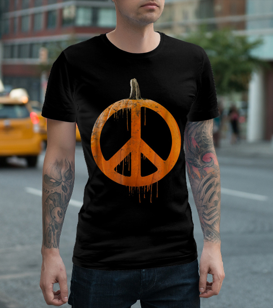 Distressed Pumpkin Peace Sign Halloween Spooky Dripping Effect T-Shirt