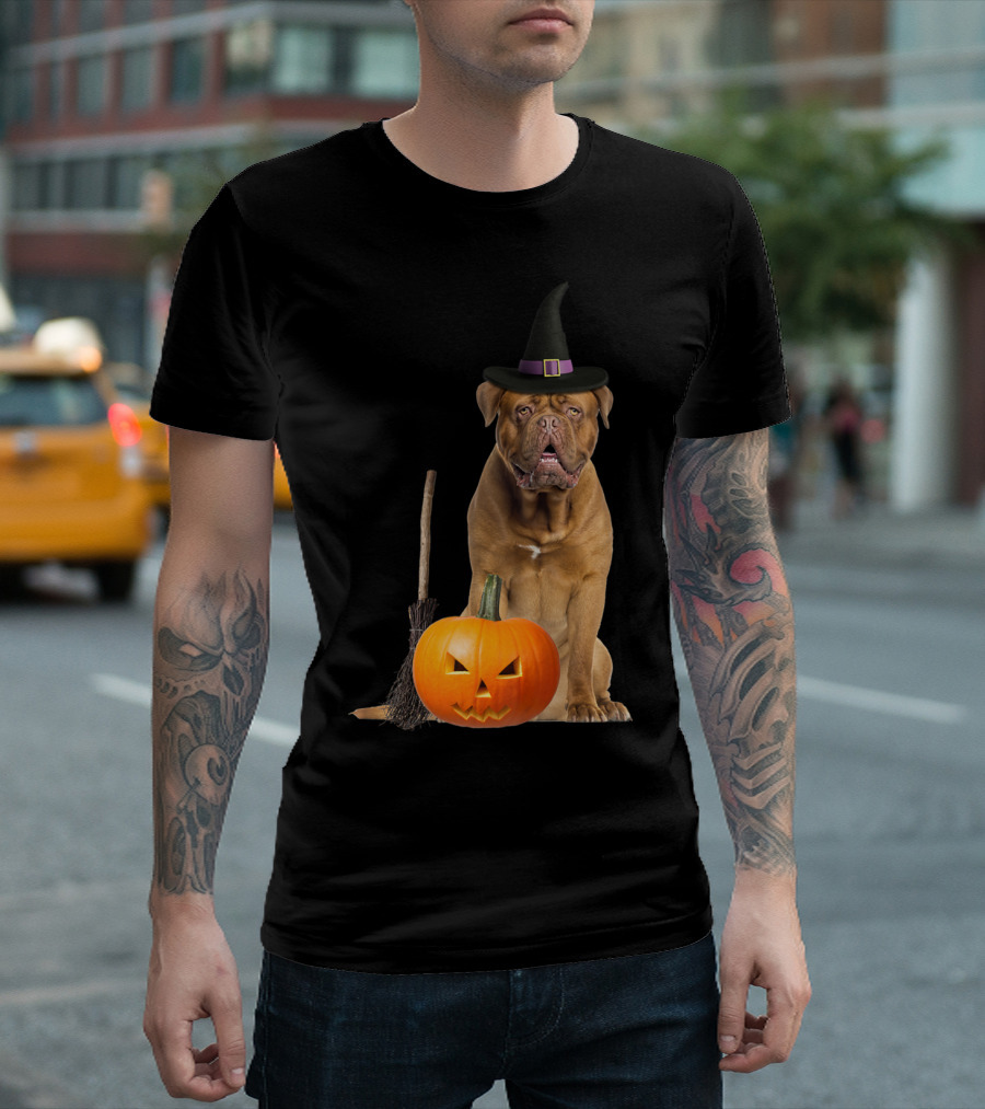Dogue De Bordeaux Witch Hat Halloween Pumpkin Broom Dog T-Shirt