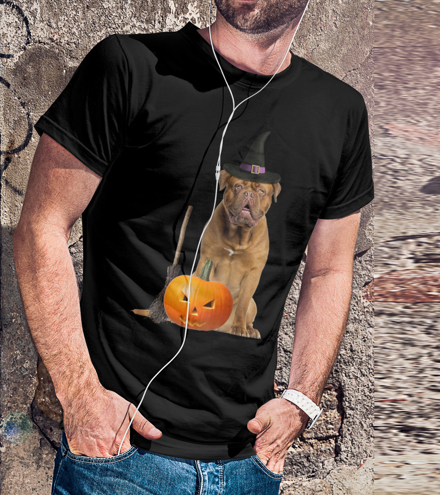 Dogue De Bordeaux Witch Hat Halloween Pumpkin Broom Dog T-Shirt