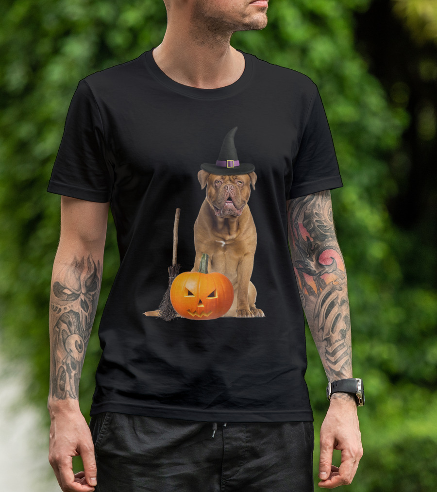 Dogue De Bordeaux Witch Hat Halloween Pumpkin Broom Dog T-Shirt