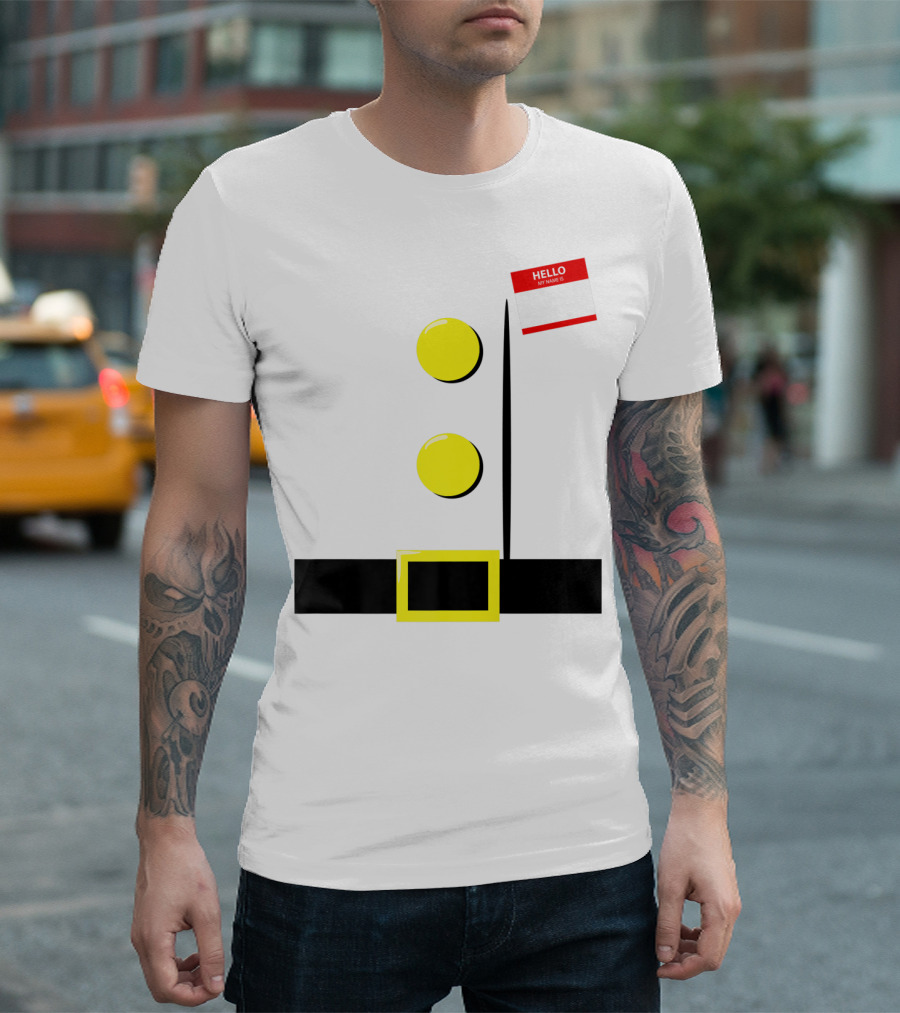 Dwarf Halloween Group Costume Hello My Name Is Plaque Belt Buckle Yellow Buttons T-Shirt