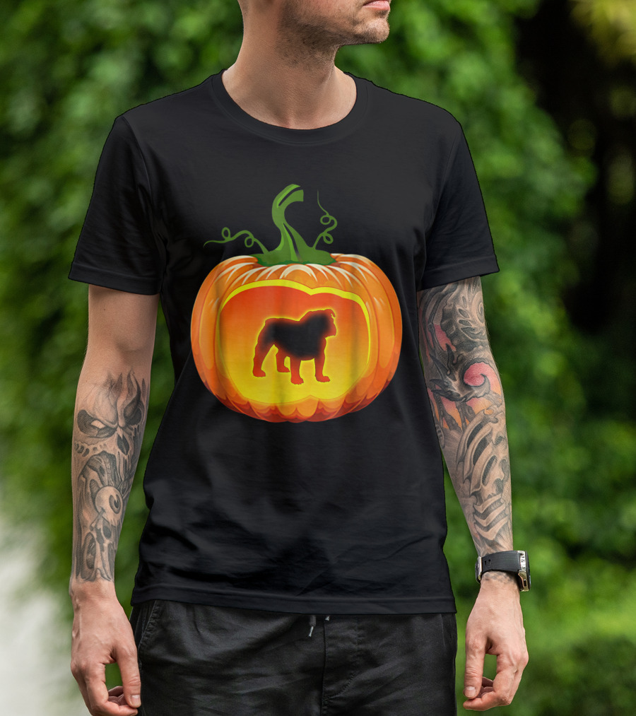 English Bulldog Silhouette Inside Glowing Pumpkin T-Shirt