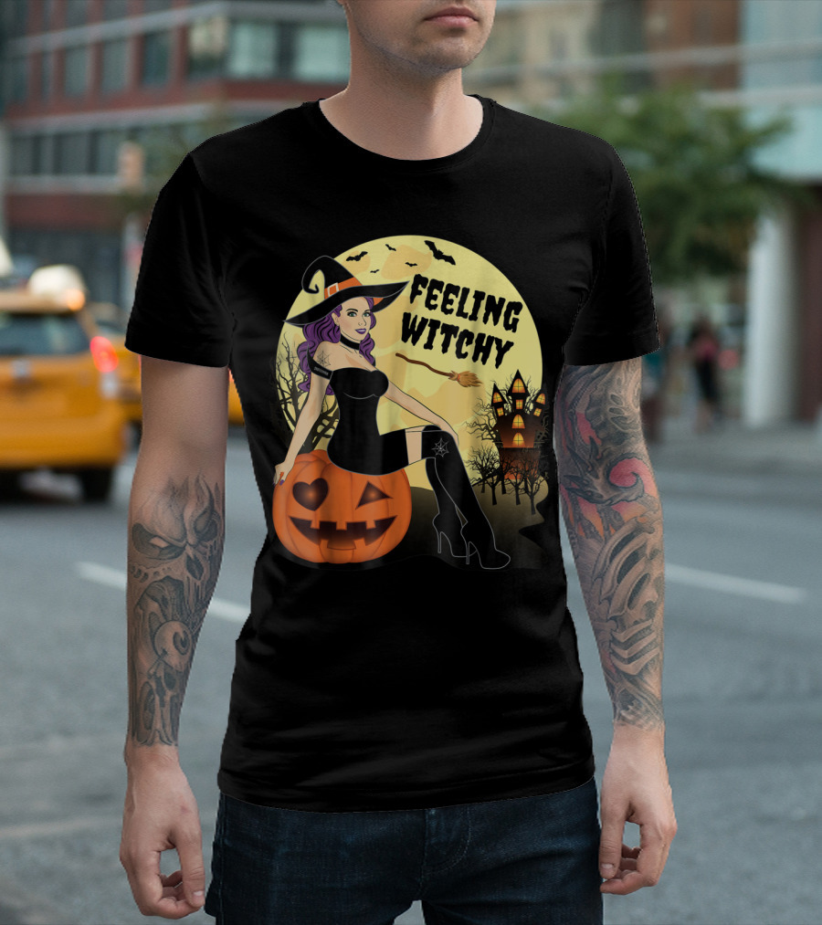Feeling Witchy Purple-Haired Witch on Pumpkin with Haunted House and Bats T-Shirt