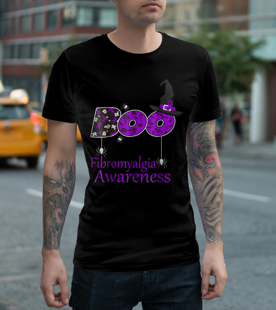 Fibromyalgia Awareness Boo Halloween Purple Ribbon Ghosts Witch Hat T-Shirt