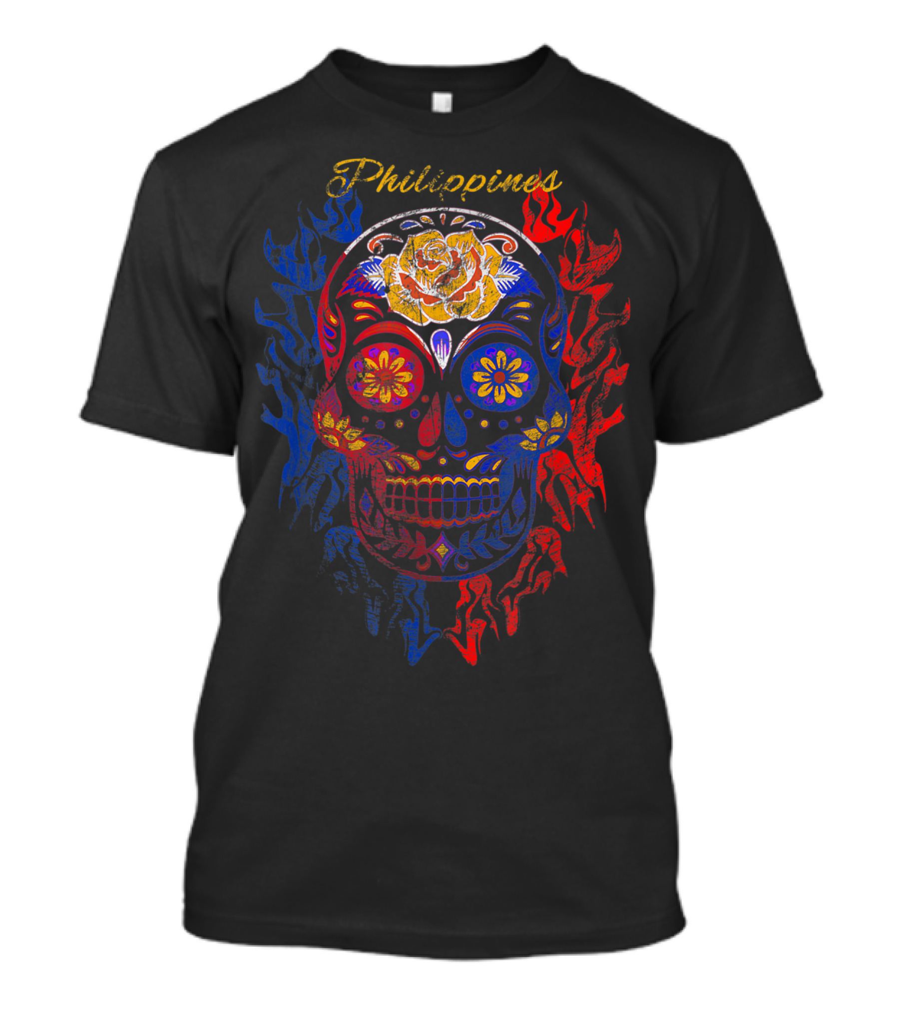 Philippines Skull Filipino Flag Colors Roses T-Shirt