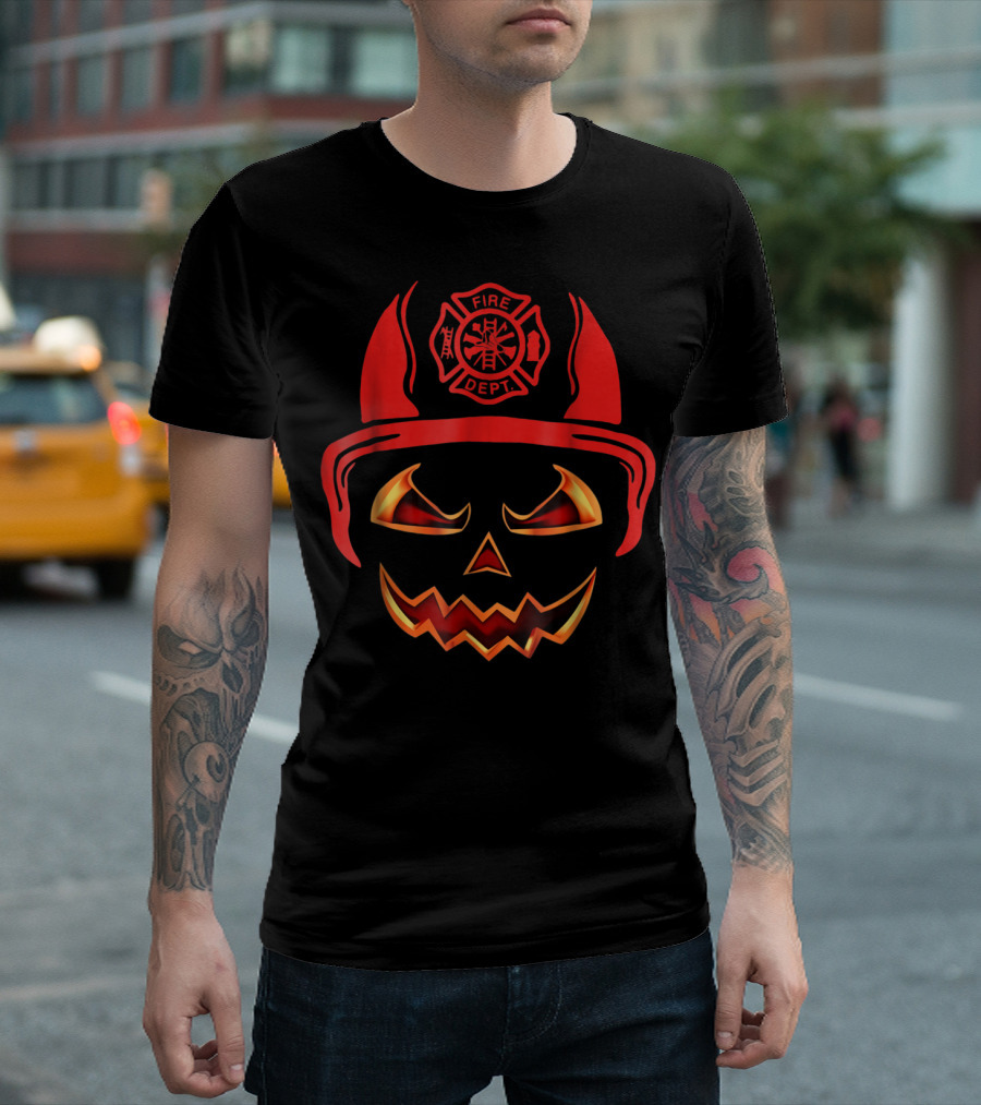 Firefighter Pumpkin Halloween Fire Dept Helmet Jack-o'-Lantern T-Shirt