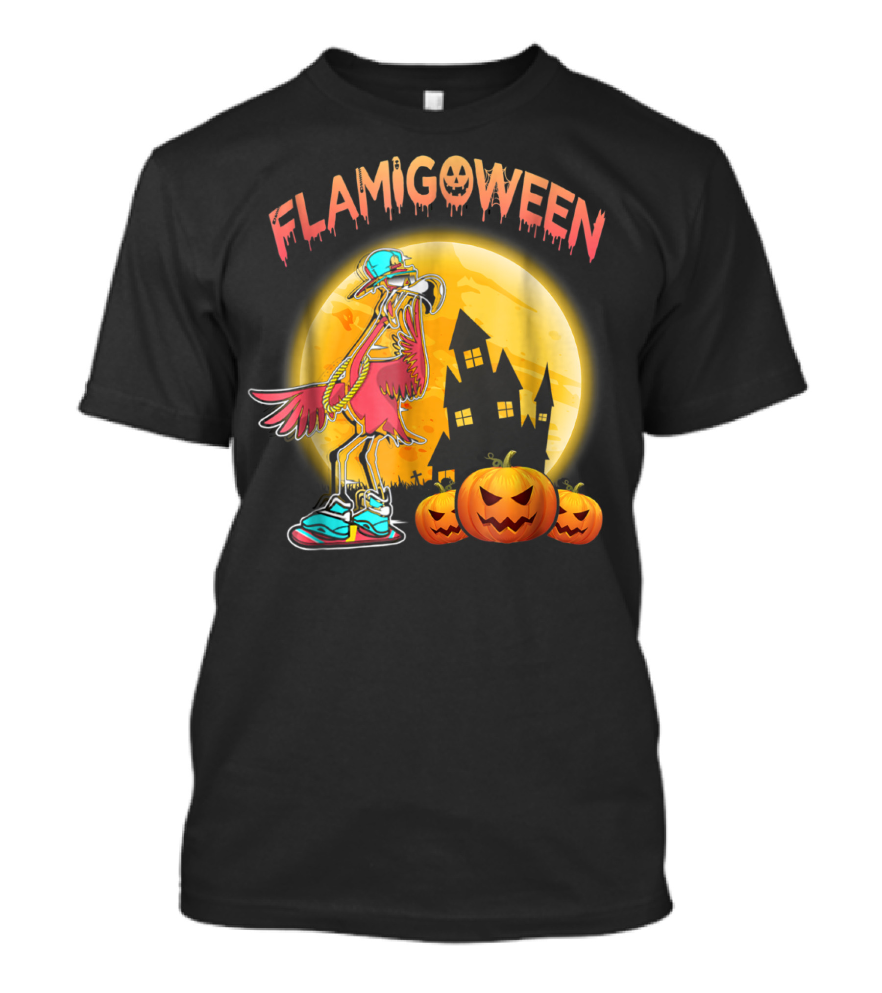 Flamingoween Funny Flamingo Halloween Moon Pumpkins Haunted House T-Shirt