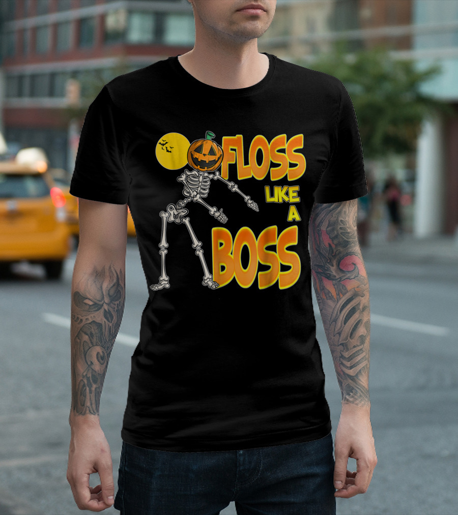 Floss Like a Boss Pumpkin Head Skeleton Halloween Moon Scene T-Shirt