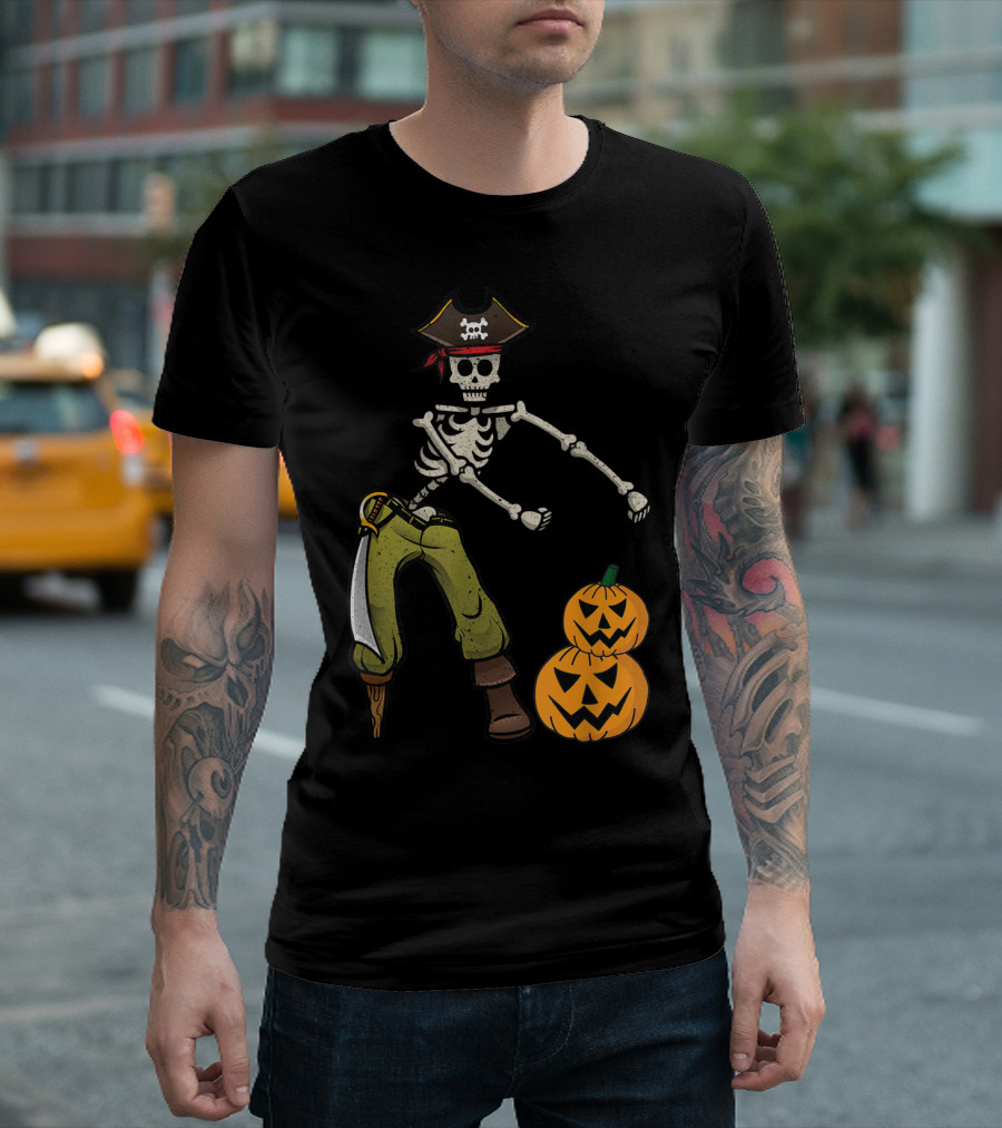 Skeleton Pirate Flossing With Halloween Pumpkins T-Shirt