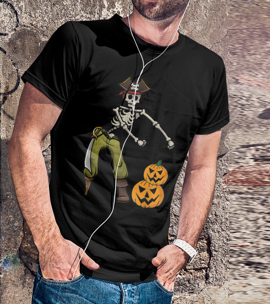 Skeleton Pirate Flossing With Halloween Pumpkins T-Shirt