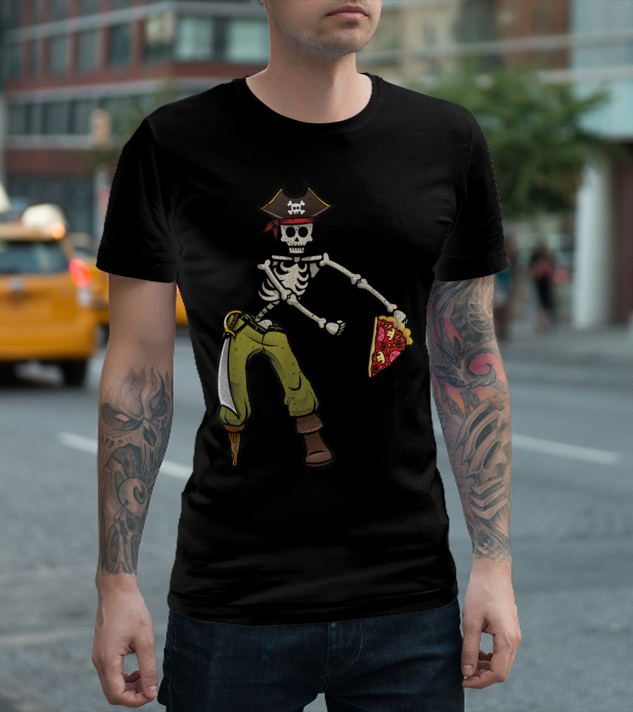Flossing Skeleton Pirate with Pizza Slice and Sword T-Shirt