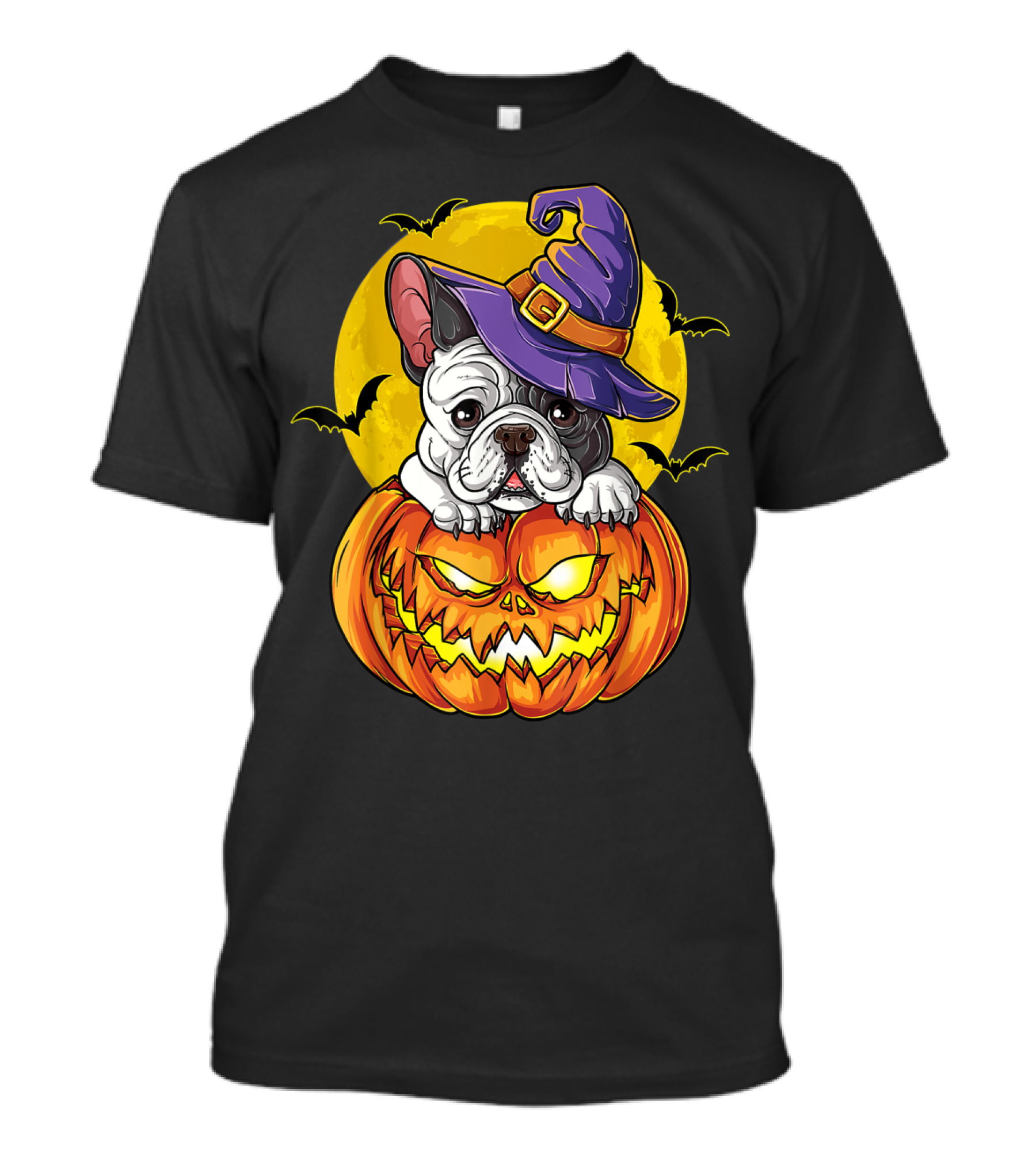 French Bulldog In Witch Hat On Jack-O'-Lantern Halloween Moon T-Shirt