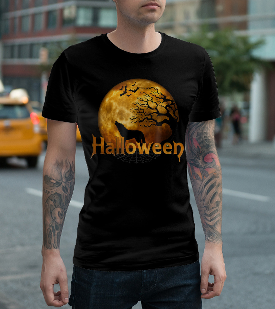 Halloween Moon Wolf with Bats and Tree T-Shirt