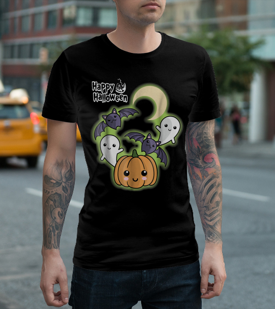 Happy Halloween Cute Pumpkin Bat Ghost Moon T-Shirt