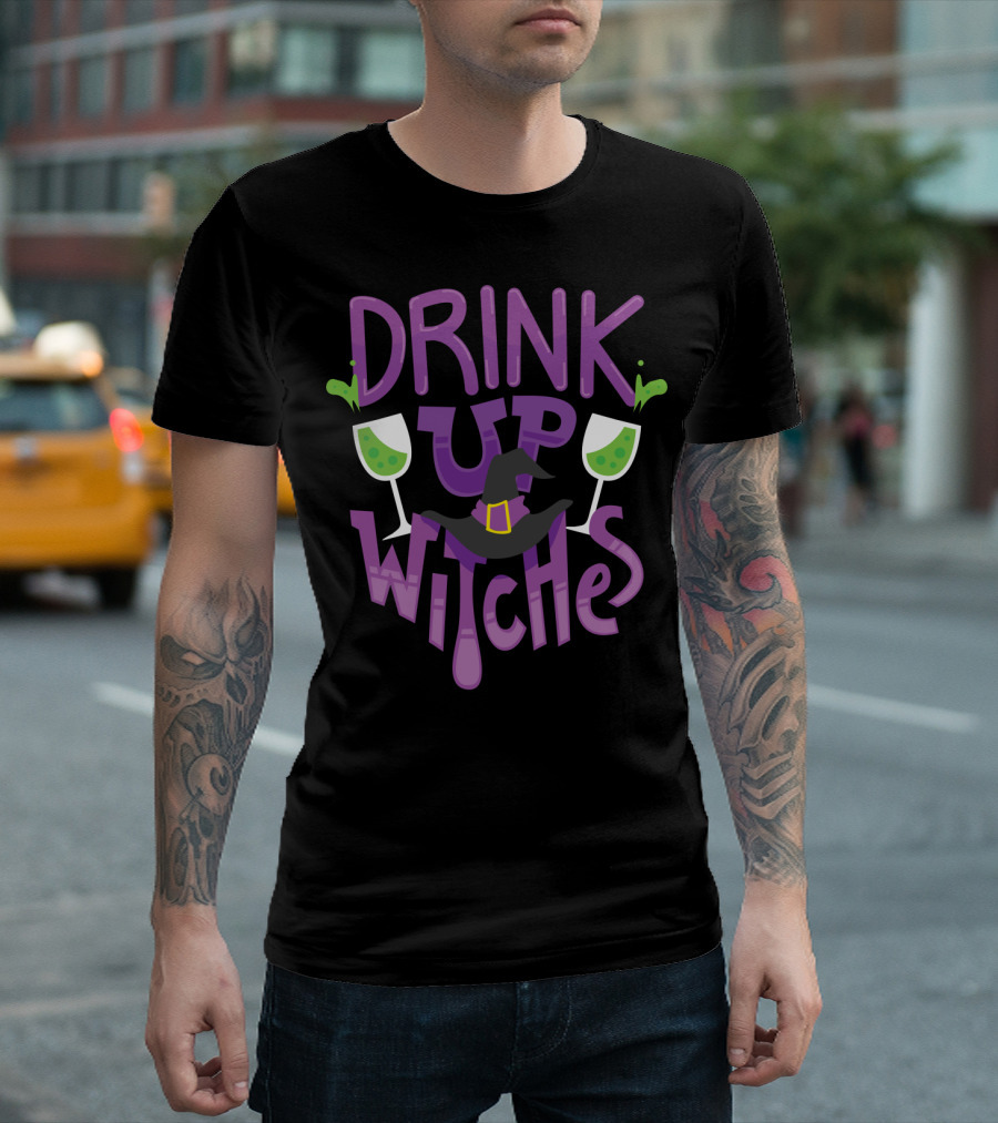 Drink Up Witches Halloween Party Witch Hat Wine Glasses T-Shirt