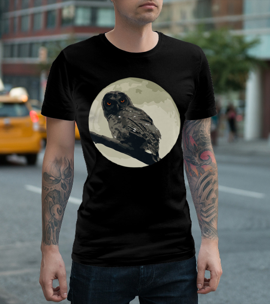 Creepy Spooky Owl with Red Eyes on Moonlit Branch T-Shirt
