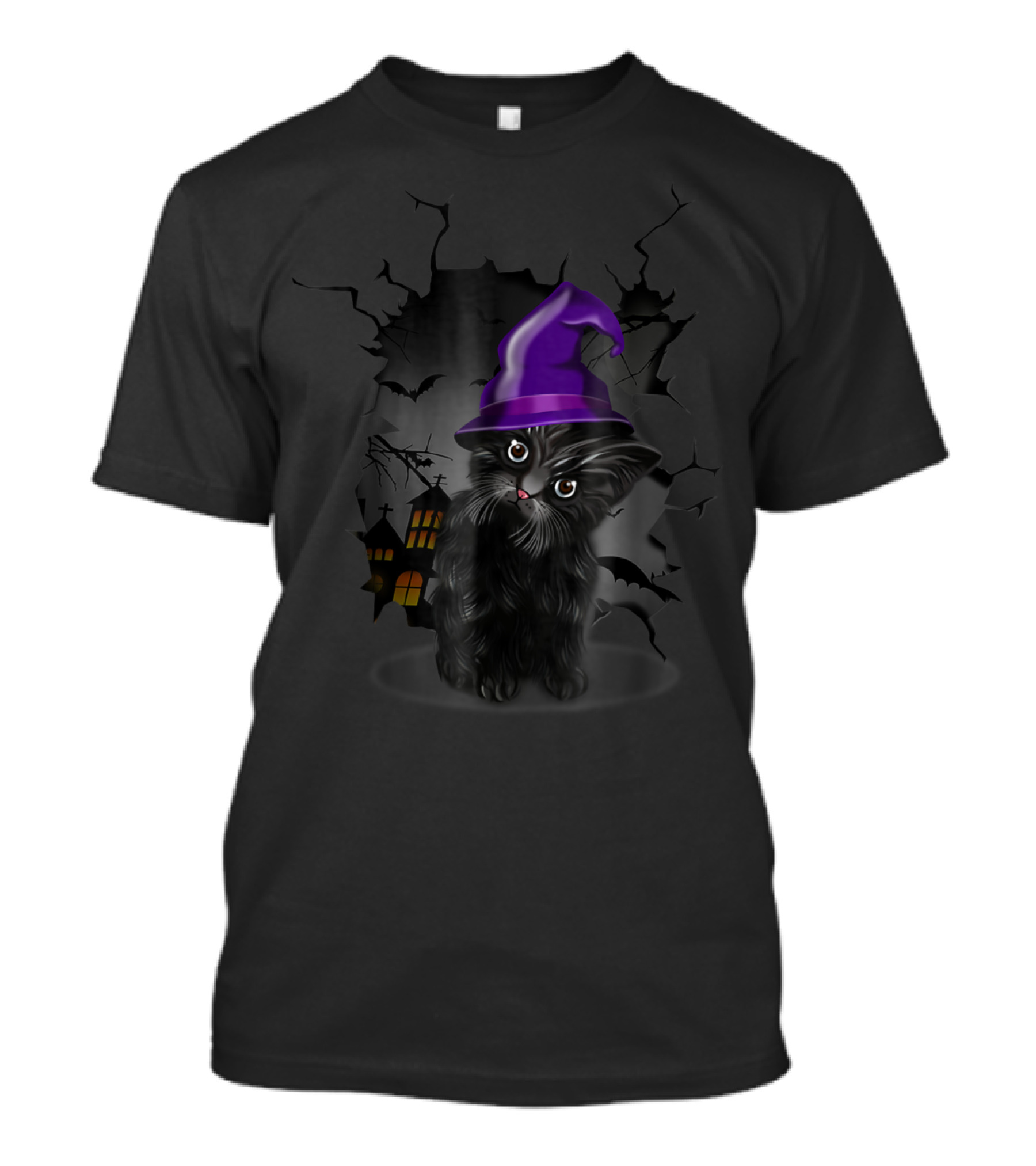 Black Cat In Purple Witch Hat Halloween Night Scene T-Shirt