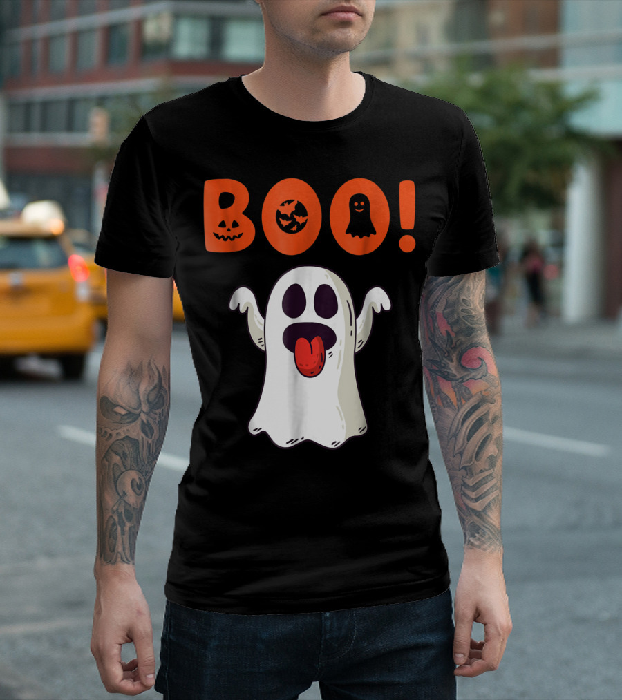 Boo Halloween Ghost with Pumpkin Faces and Bat for Funny Day T-Shirt
