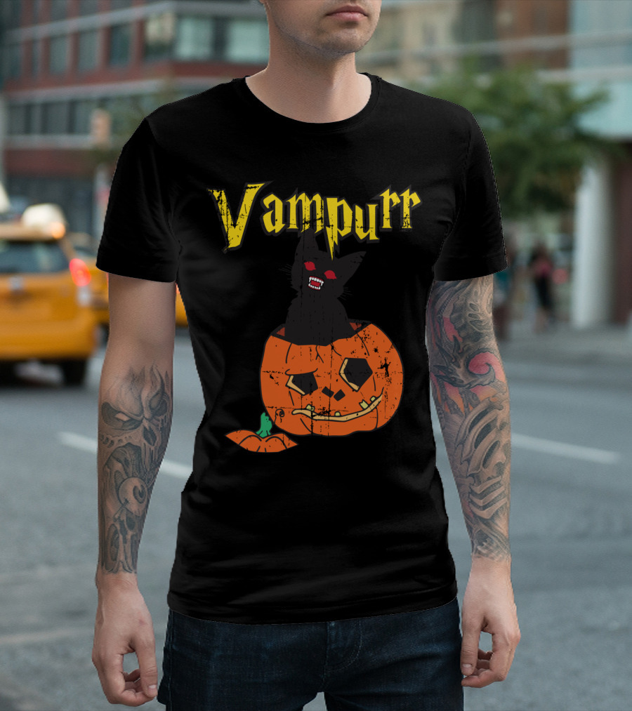 Vampurr Cat In Pumpkin With Red Eyes Halloween Vampire T-Shirt
