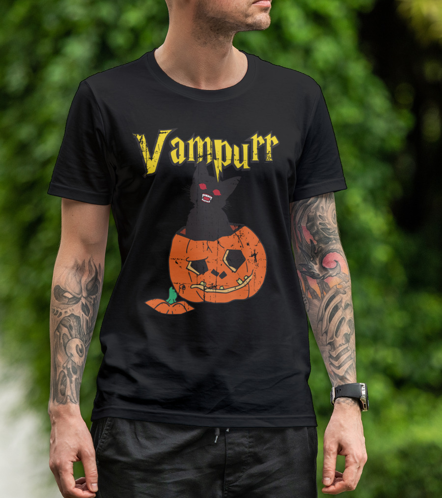 Vampurr Cat In Pumpkin With Red Eyes Halloween Vampire T-Shirt