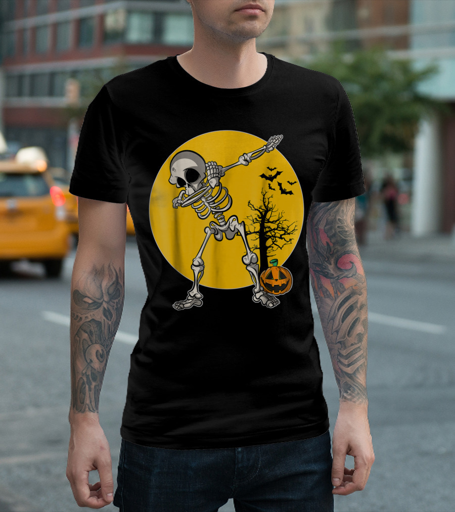 Funny Dabbing Skeleton Halloween Dab Pumpkin Bats Moon T-Shirt