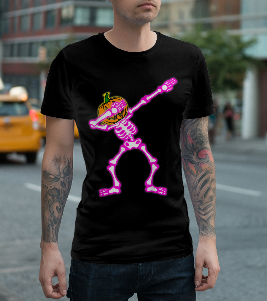 Funny Dabbing Skeleton Halloween Pumpkin Dab Neon Glow T-Shirt