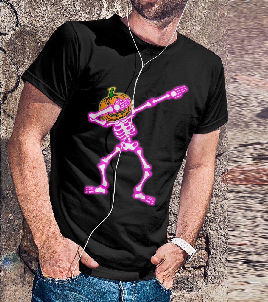 Funny Dabbing Skeleton Halloween Pumpkin Dab Neon Glow T-Shirt